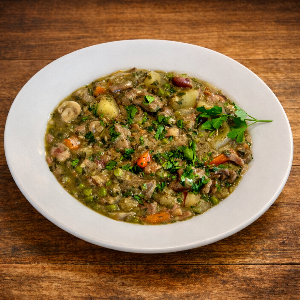 White bowl with broth, lamb shoulder, carrots, mushrooms, potatoes, garnish.