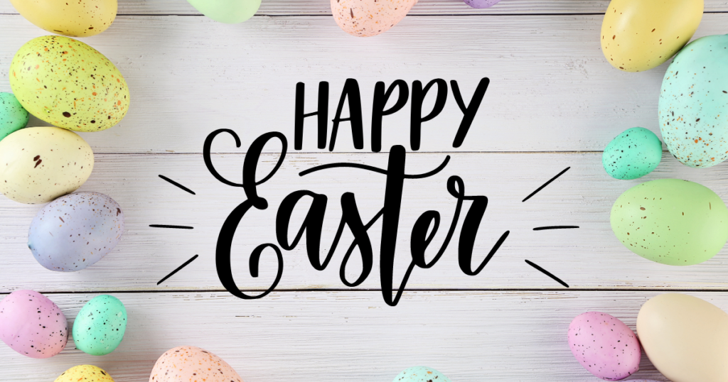 A wooden board backdrop surrounded by easter eggs with text that says “Happy Easter.”