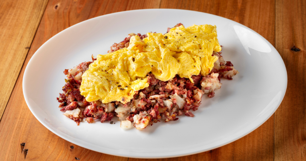 Fresh corned beef hash and eggs at Brookfields in Sacramento