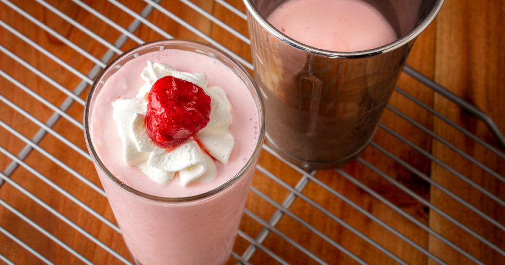 Refreshing strawberry milkshake to top off your summer meal. 