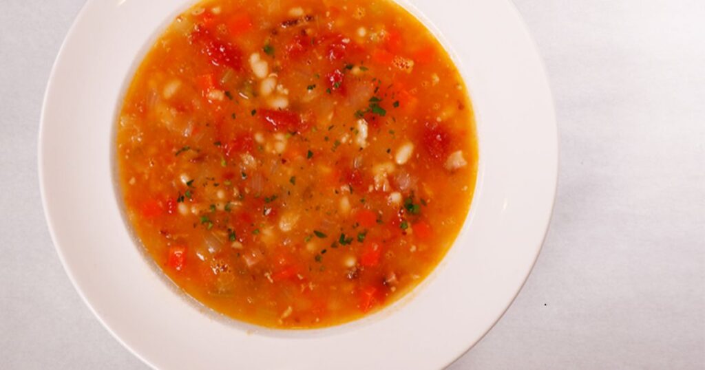 Bowl of Brookfields’ hardy Navy Bean with Soup, homemade and soup of the day.