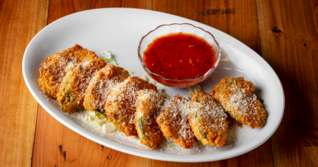 Hand-Battered Zucchini Crisps with dipping sauce